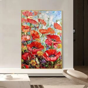 Handmade Painting Thick Oil Red Flowers